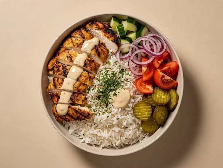 Bowl con pollo, riso, toum, pomodoro, cetrioli e cetriolini