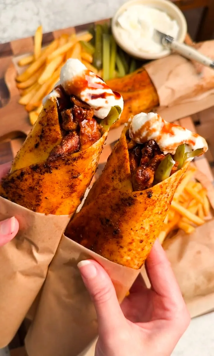 Due panini shawarma avvolti nella carta, con patatine e salsa